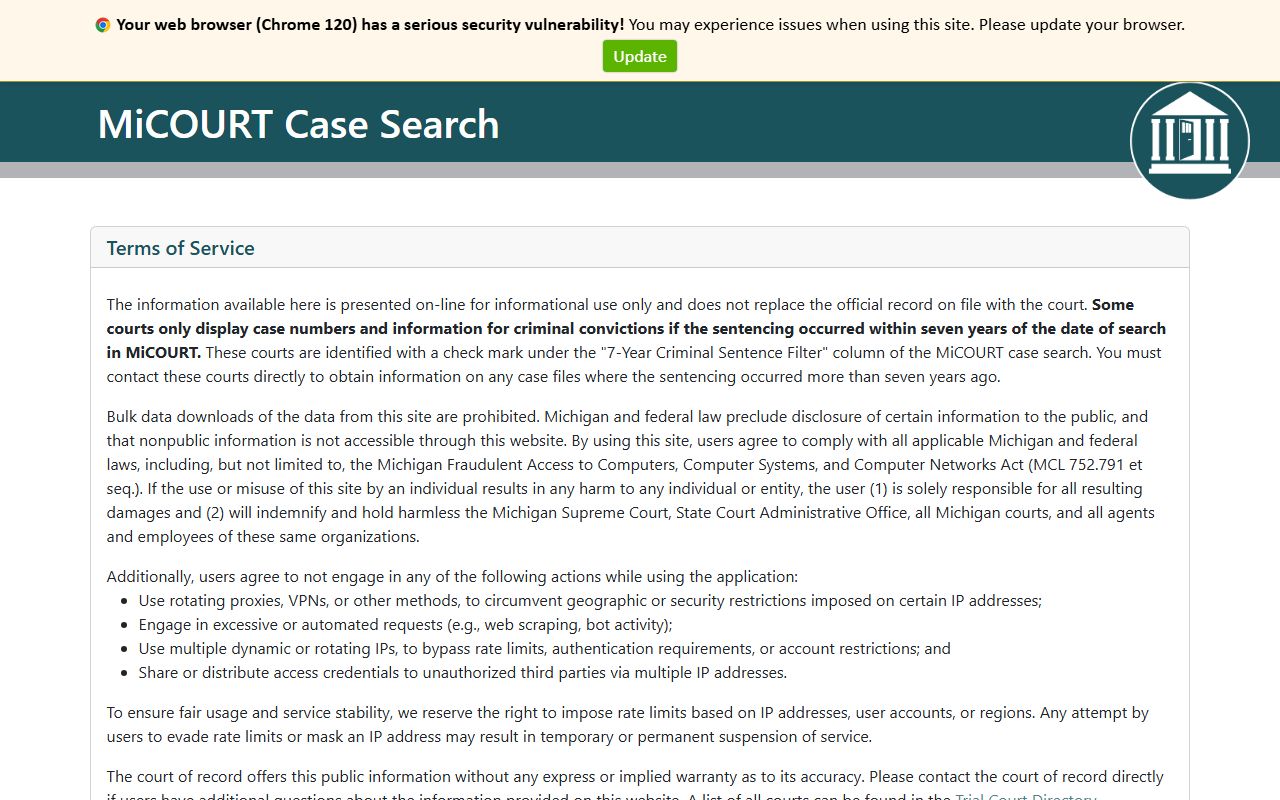 MiCOURT Case Search entry point for Iosco County court records after arrest